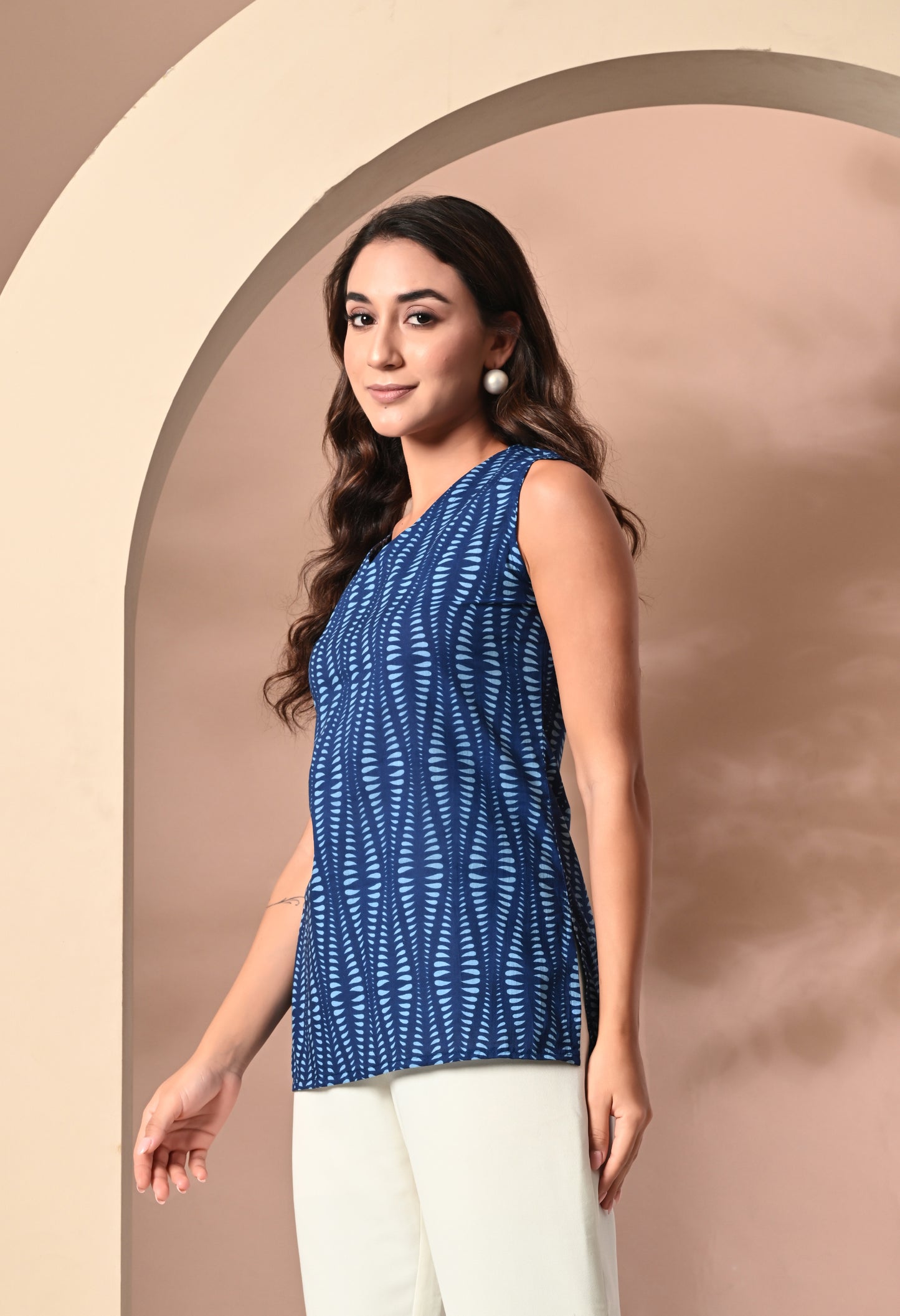 Blue Horizon Striped Navy Blue V-Neck Sleeveless Top