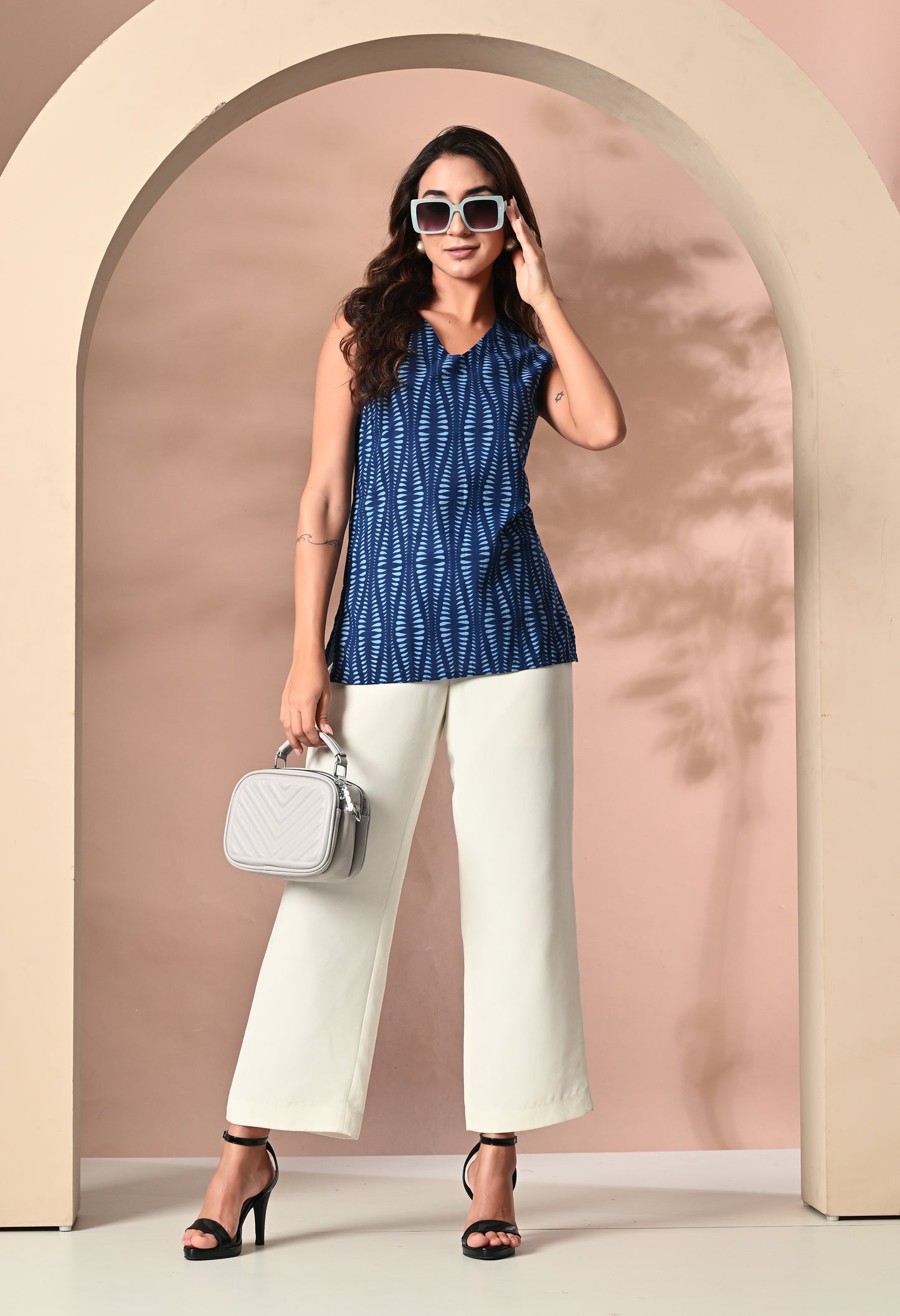 Blue Horizon Striped Navy Blue V-Neck Sleeveless Top