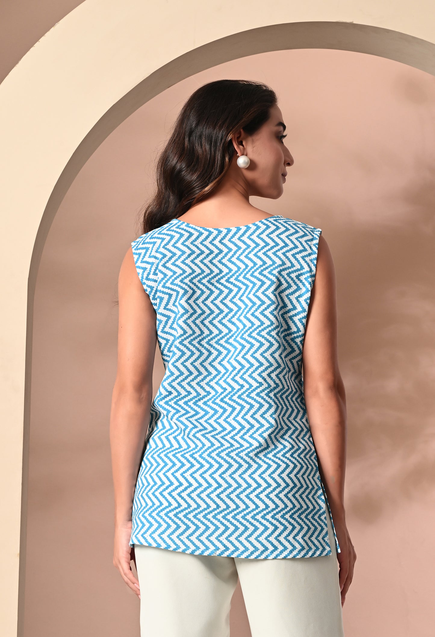 Zigzag Azure Stripes Blue V-Neck Sleeveless Top