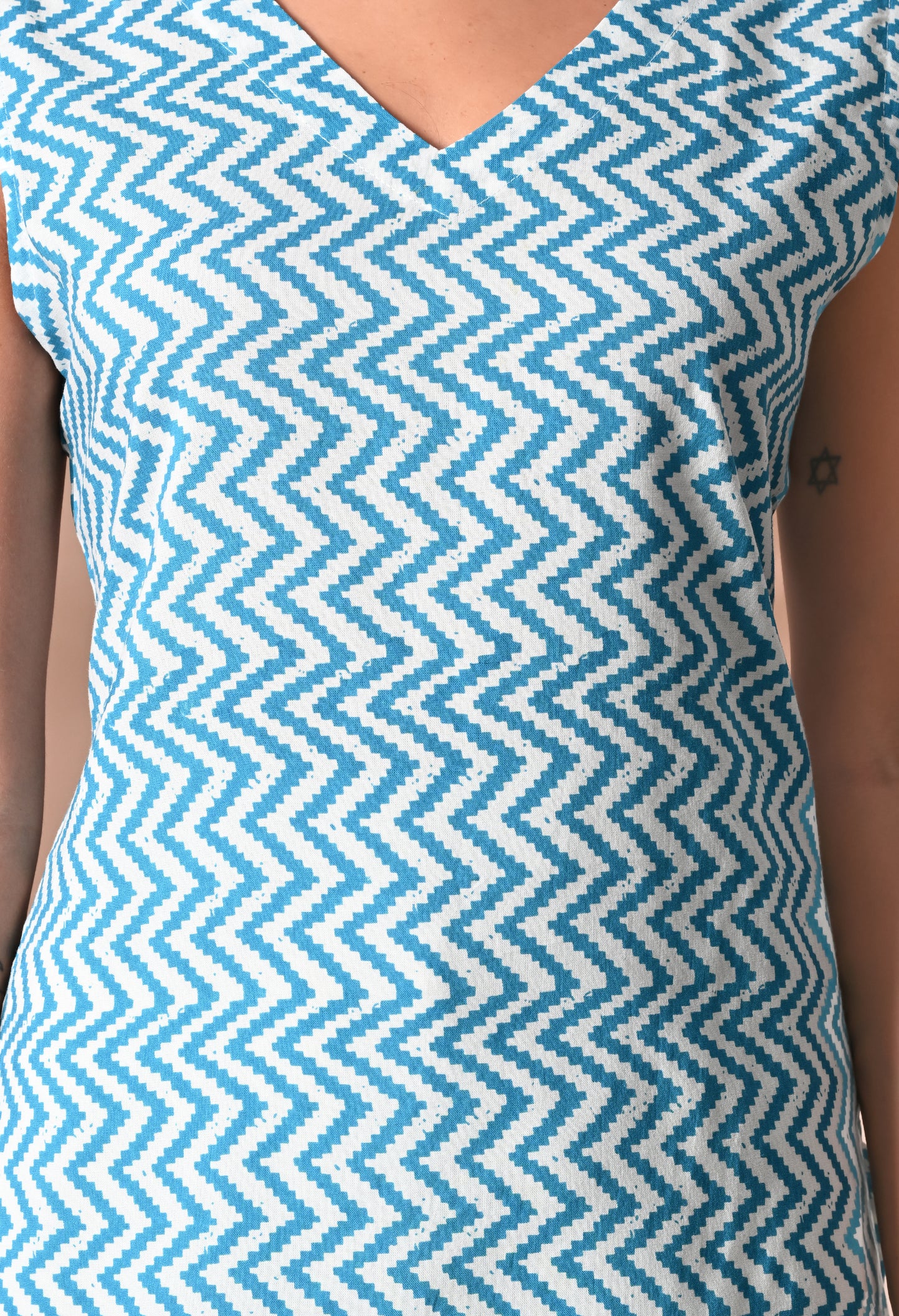 Zigzag Azure Stripes Blue V-Neck Sleeveless Top
