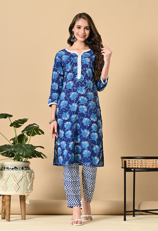 Navy Blue Floral Print Kurta Set