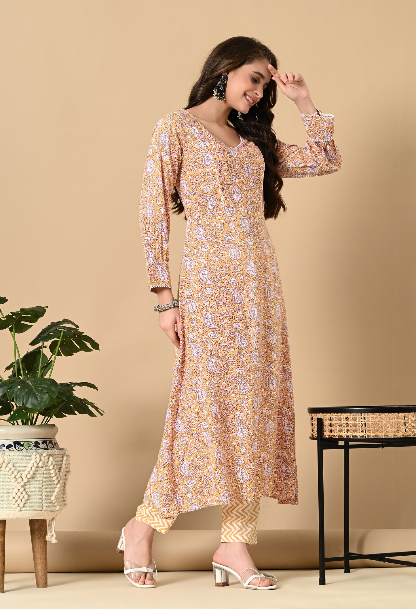 Mustard Yellow Kairi Print Kurta Set