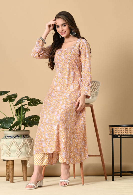Mustard Yellow Kairi Print Kurta Set
