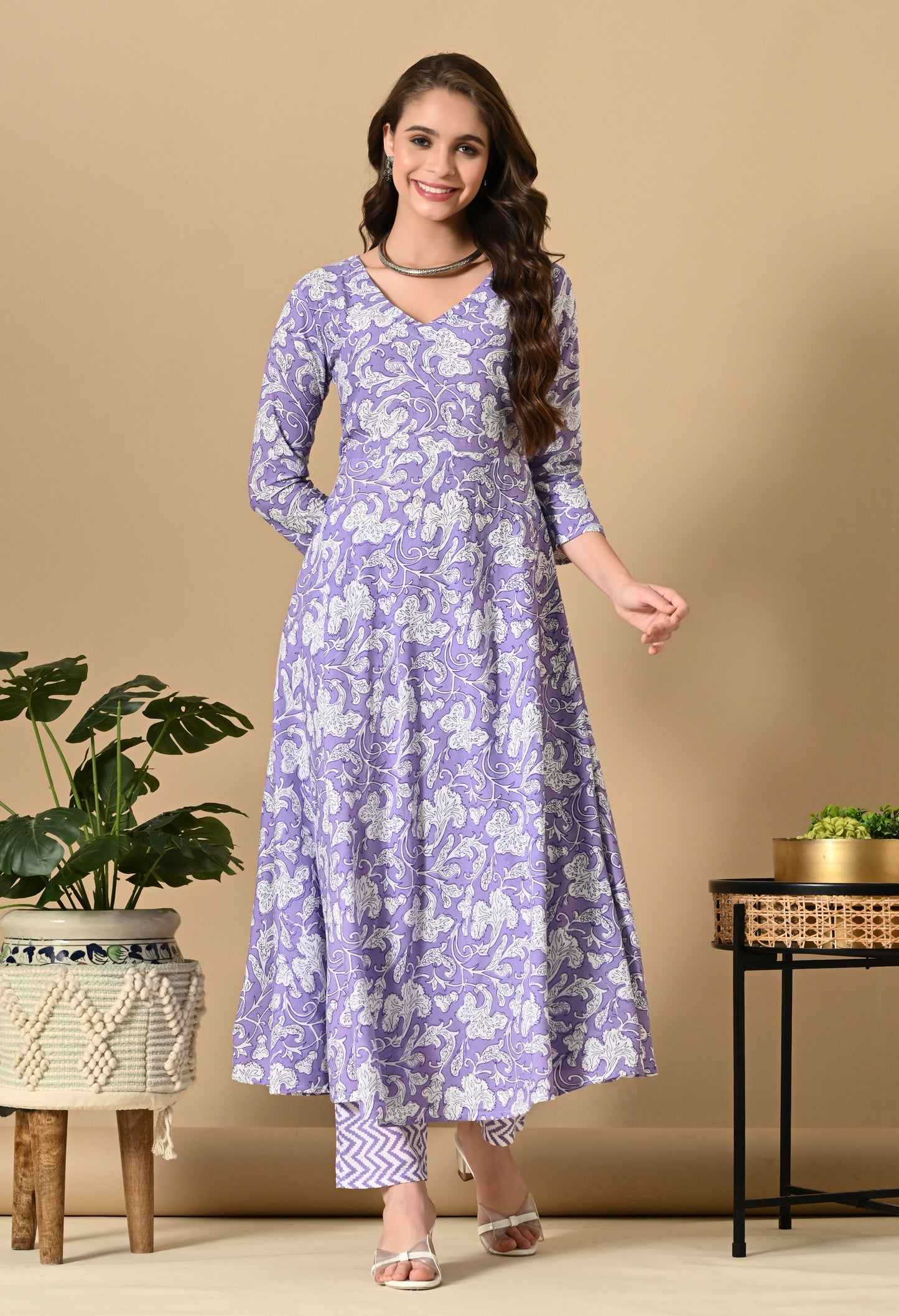 Lavender Floral Print Kurta Set