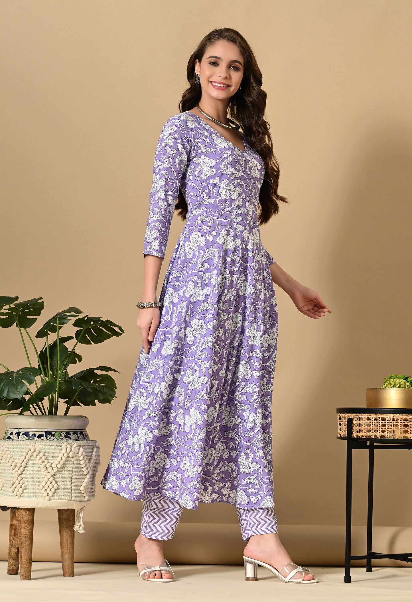 Lavender Floral Print Kurta Set
