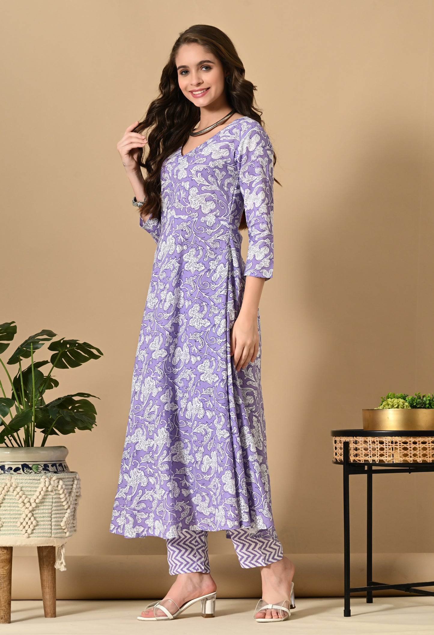 Lavender Floral Print Kurta Set