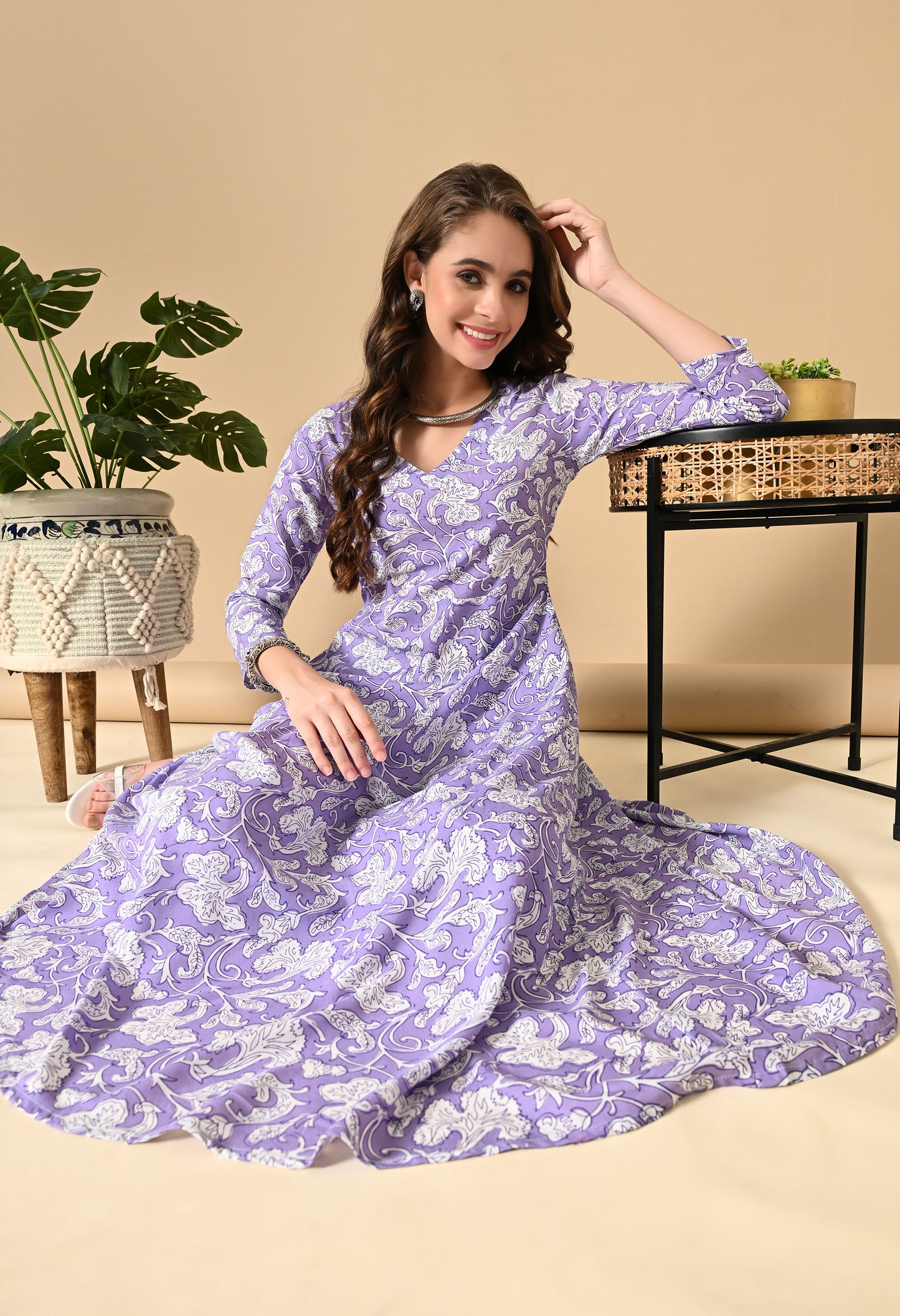 Lavender Floral Print Kurta Set