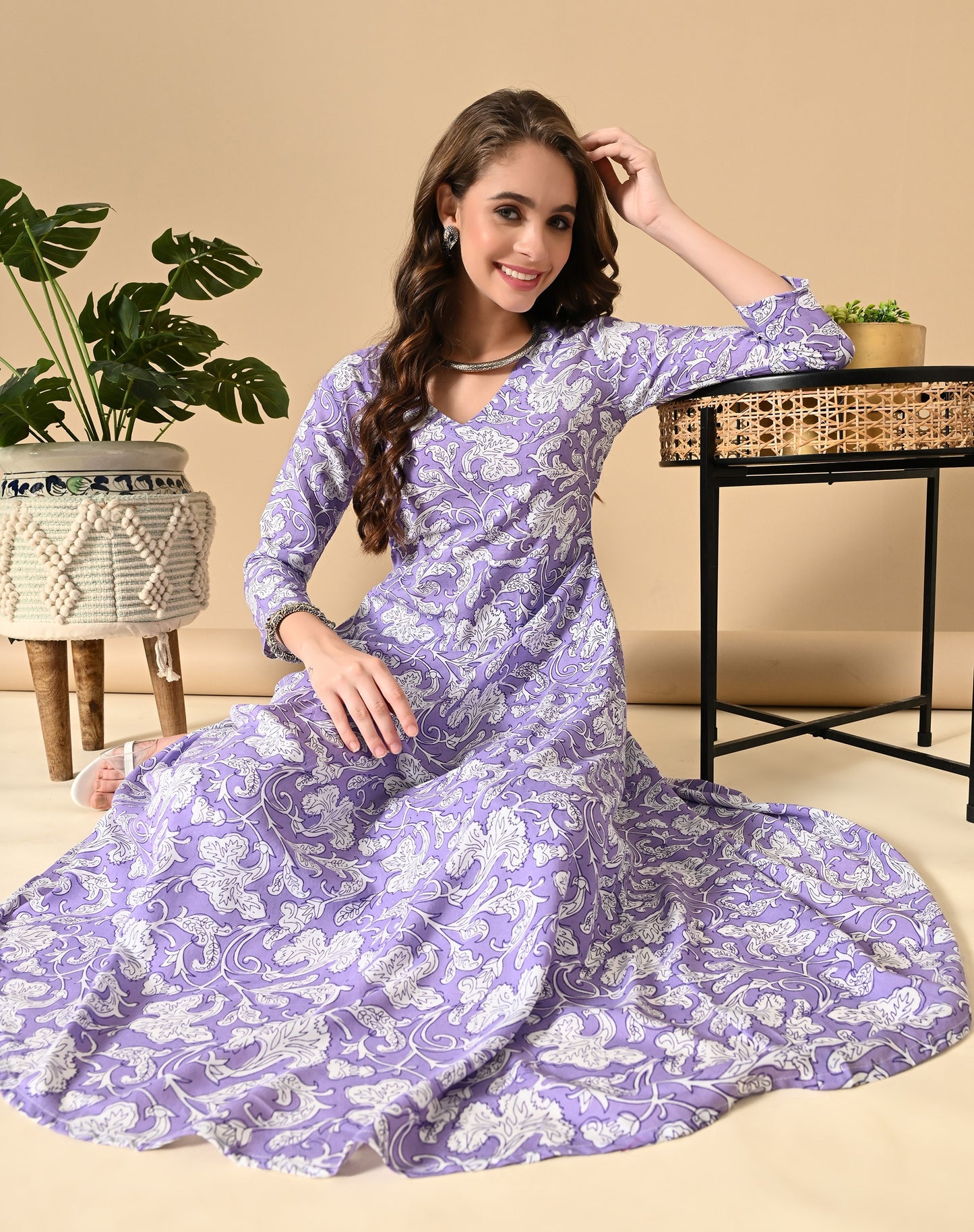 Lavender Floral Print Kurta Set