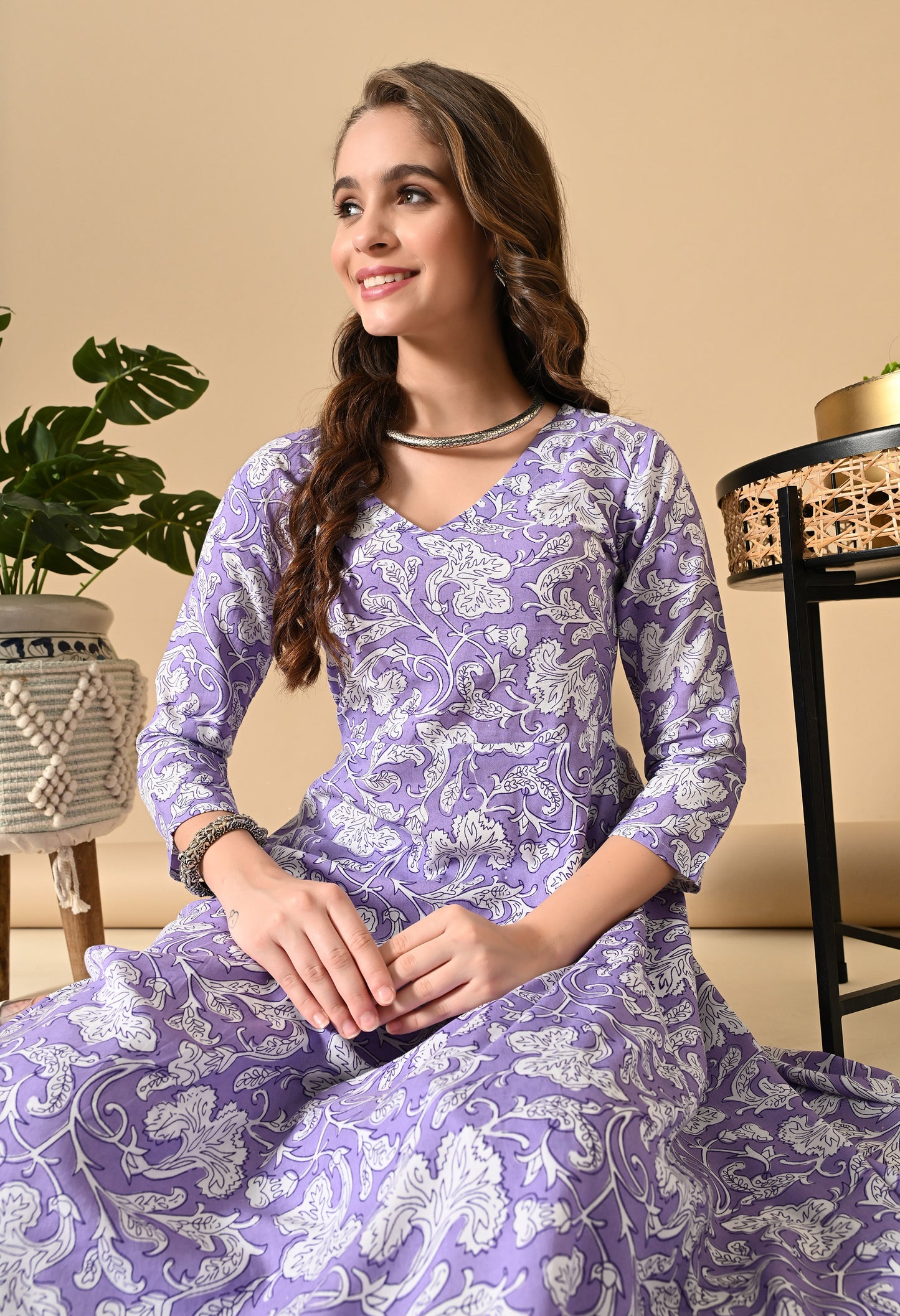 Lavender Floral Print Kurta Set