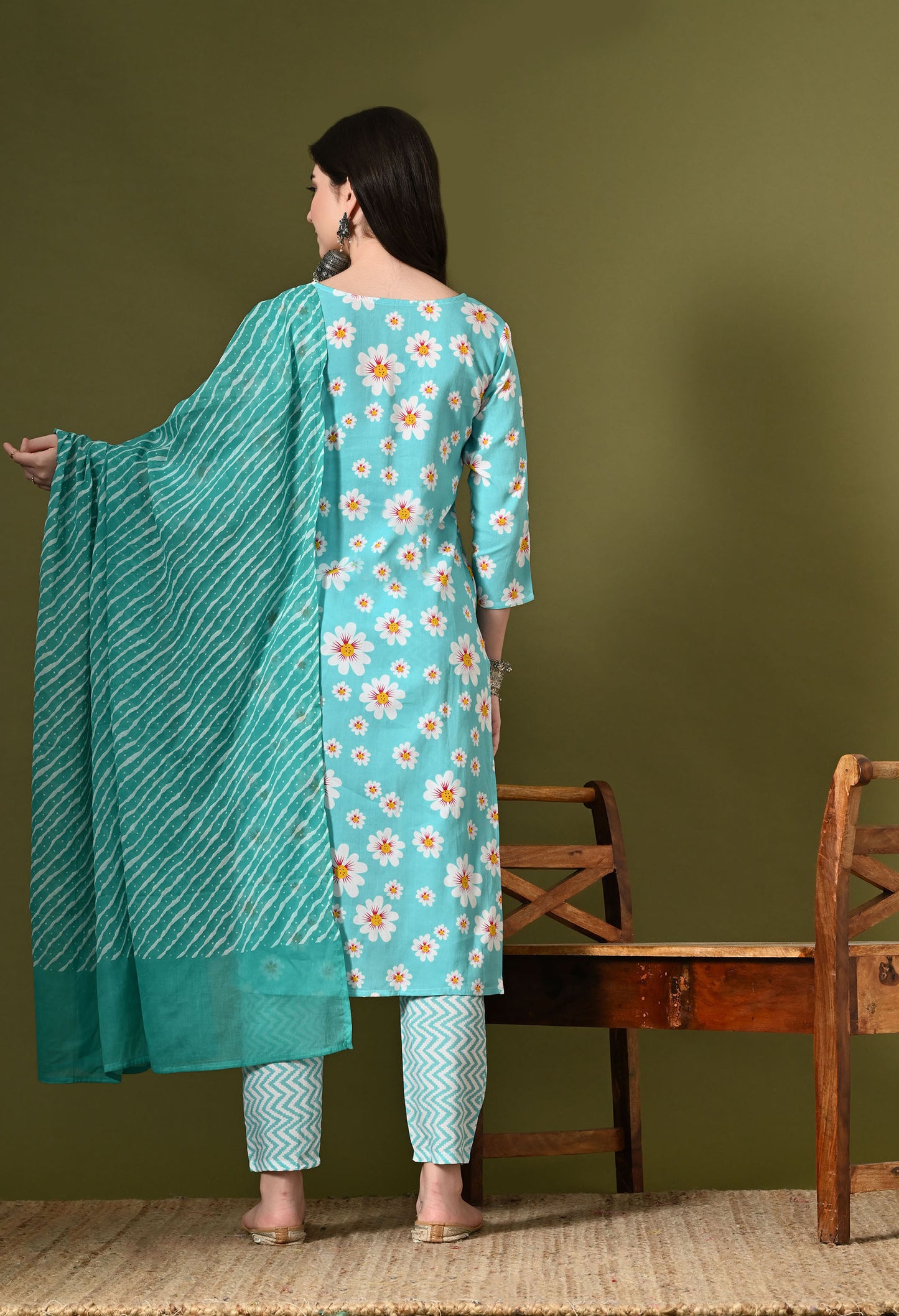 Sea Green Floral Print Kurta Set