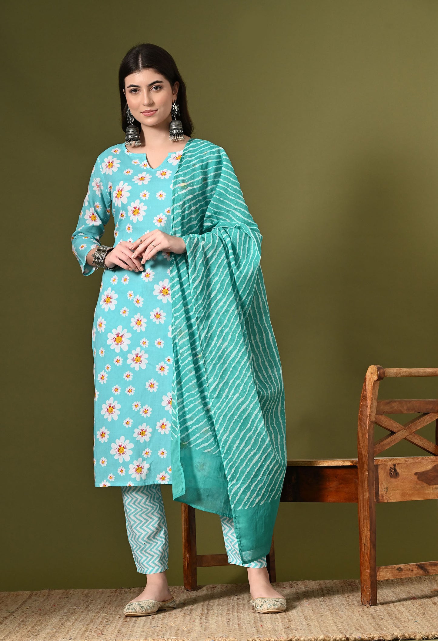 Sea Green Floral Print Kurta Set