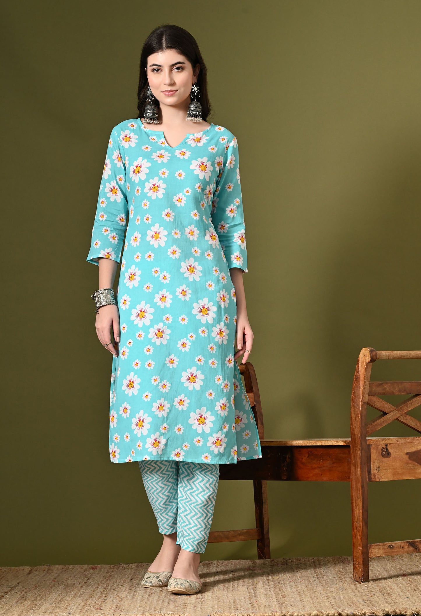 Sea Green Floral Print Kurta Set