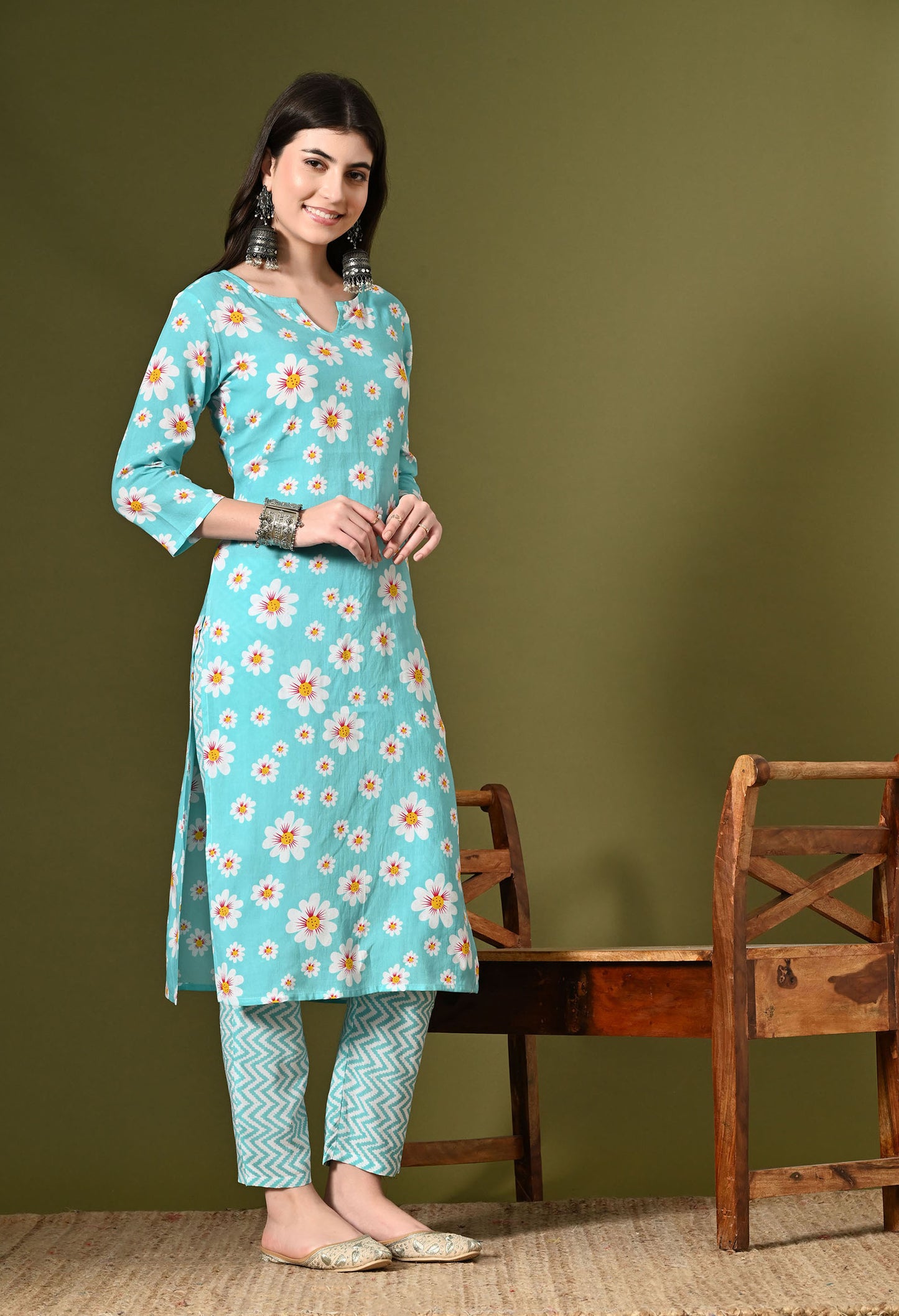 Sea Green Floral Print Kurta Set