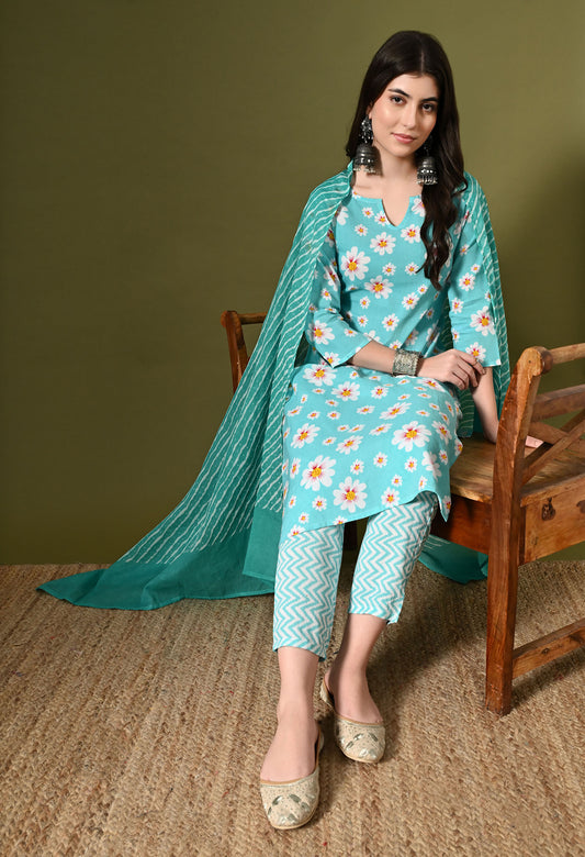Sea Green Floral Print Kurta Set