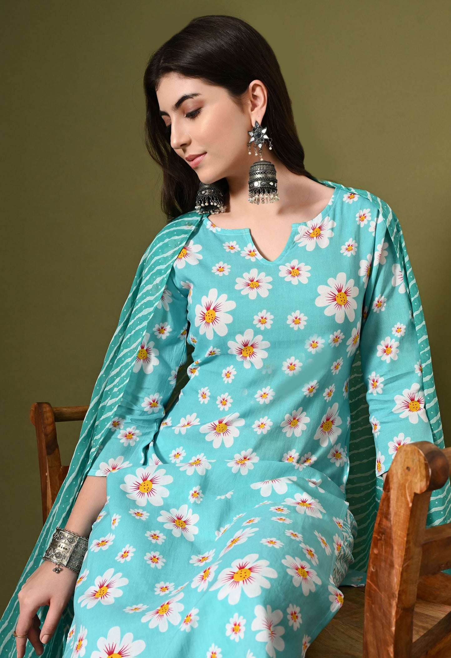 Sea Green Floral Print Kurta Set