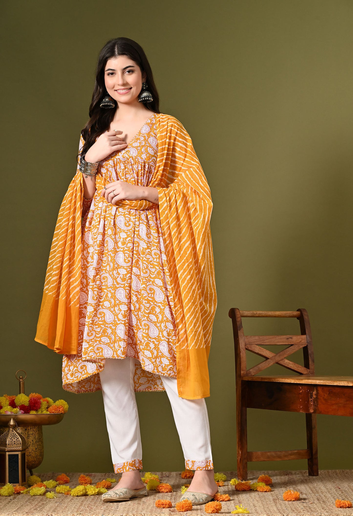 Yellow Kari Print Kurta Set With Dupatta