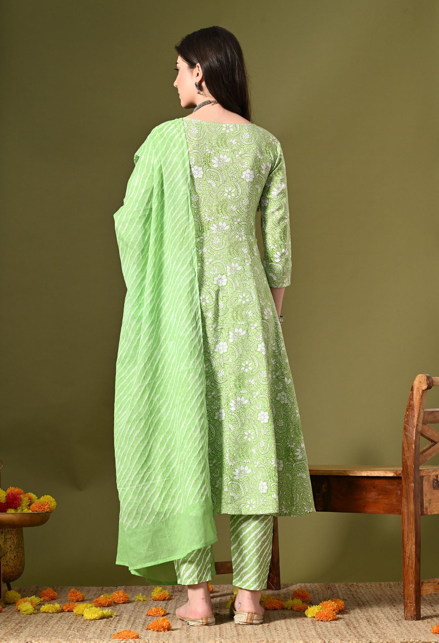 Pista Green Print Kurta Set With Dupatta