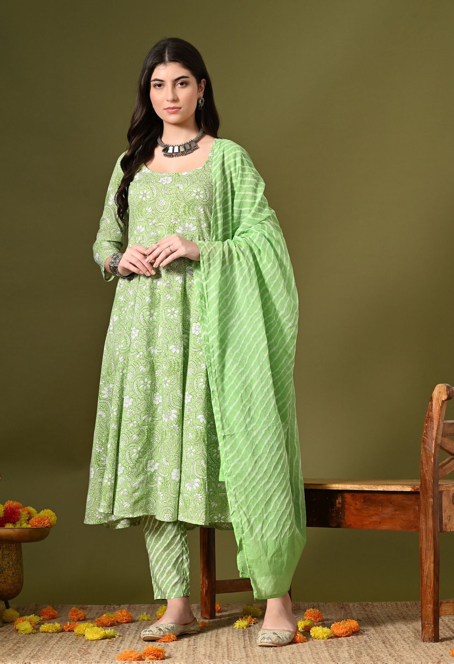 Pista Green Print Kurta Set With Dupatta