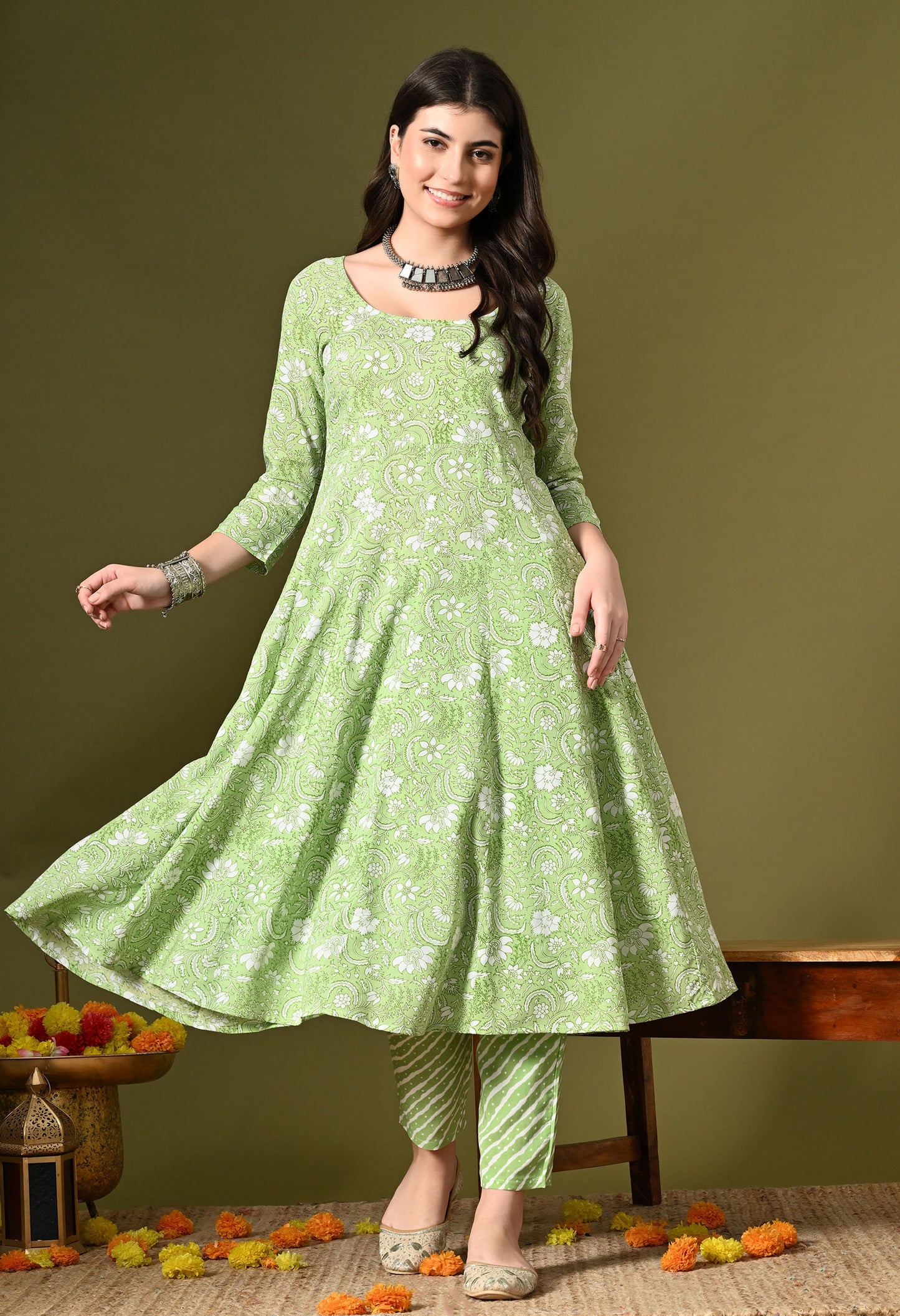 Pista Green Print Kurta Set With Dupatta