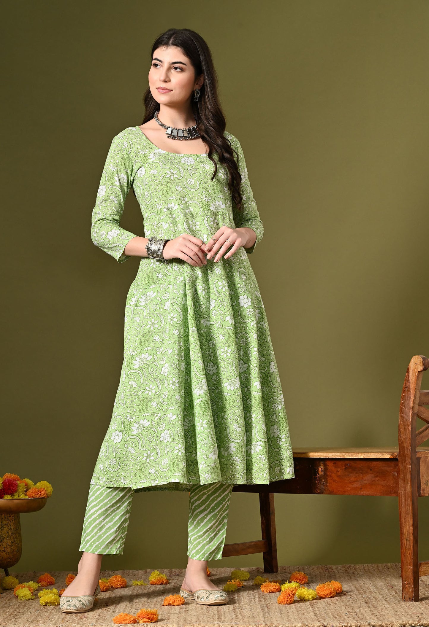 Pista Green Print Kurta Set With Dupatta