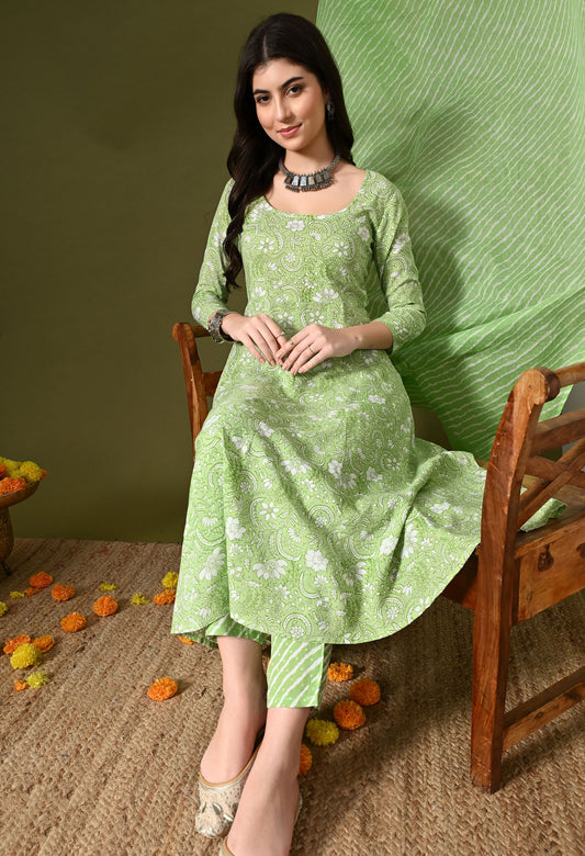 Pista Green Print Kurta Set With Dupatta