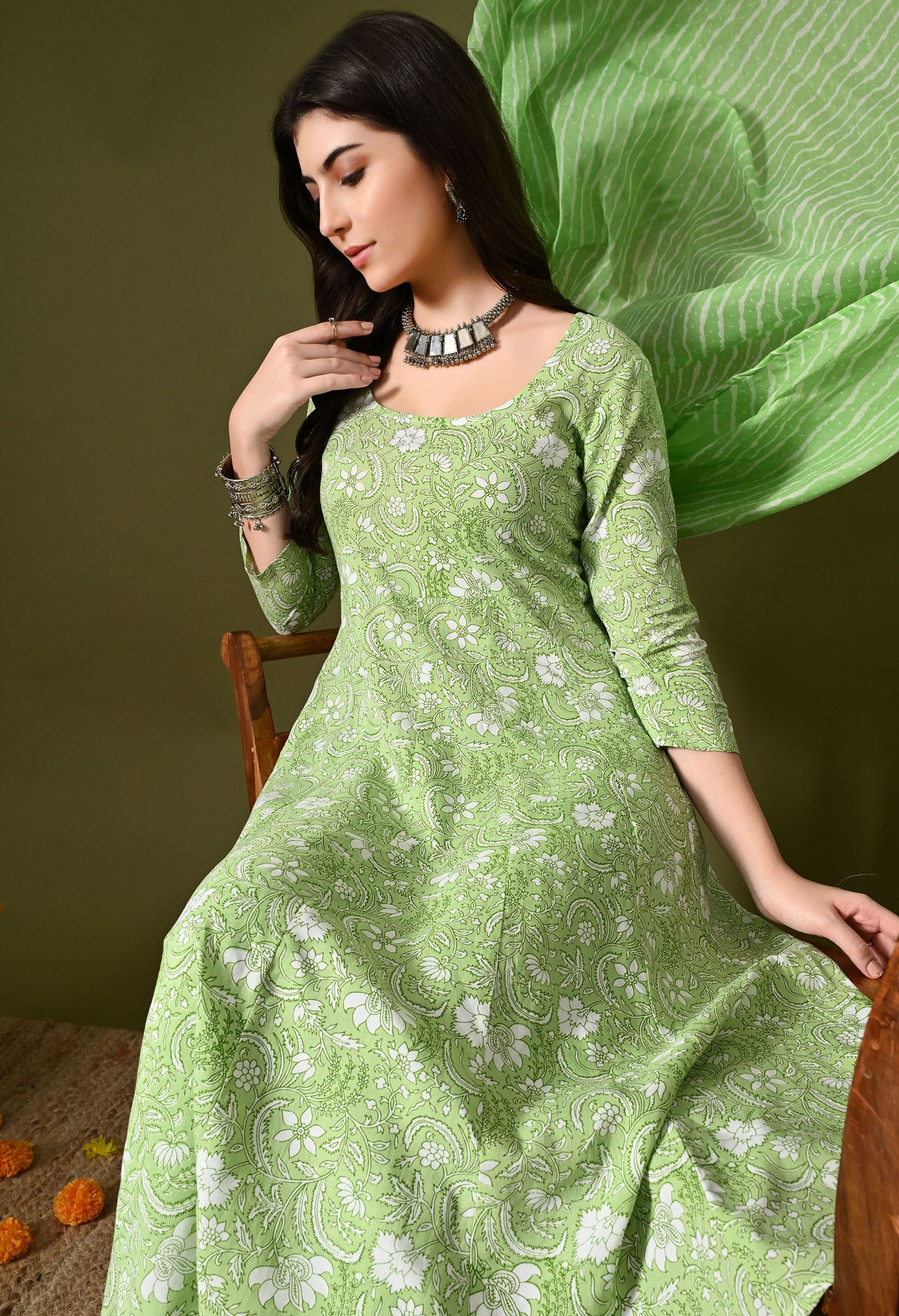 Pista Green Print Kurta Set With Dupatta