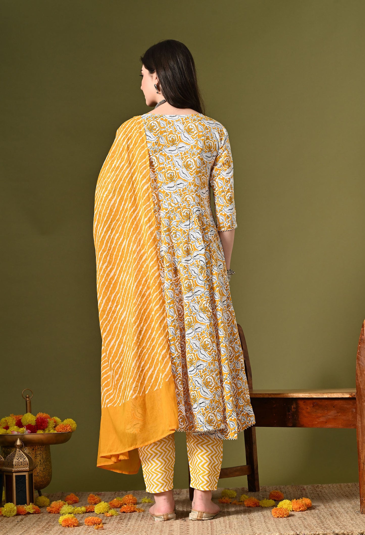 Yellow Floral Print Kurta Set with Dupatta