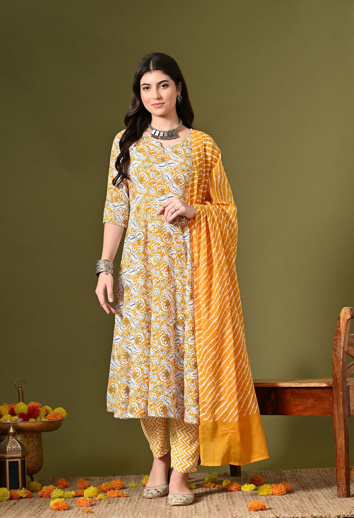 Yellow Floral Print Kurta Set with Dupatta