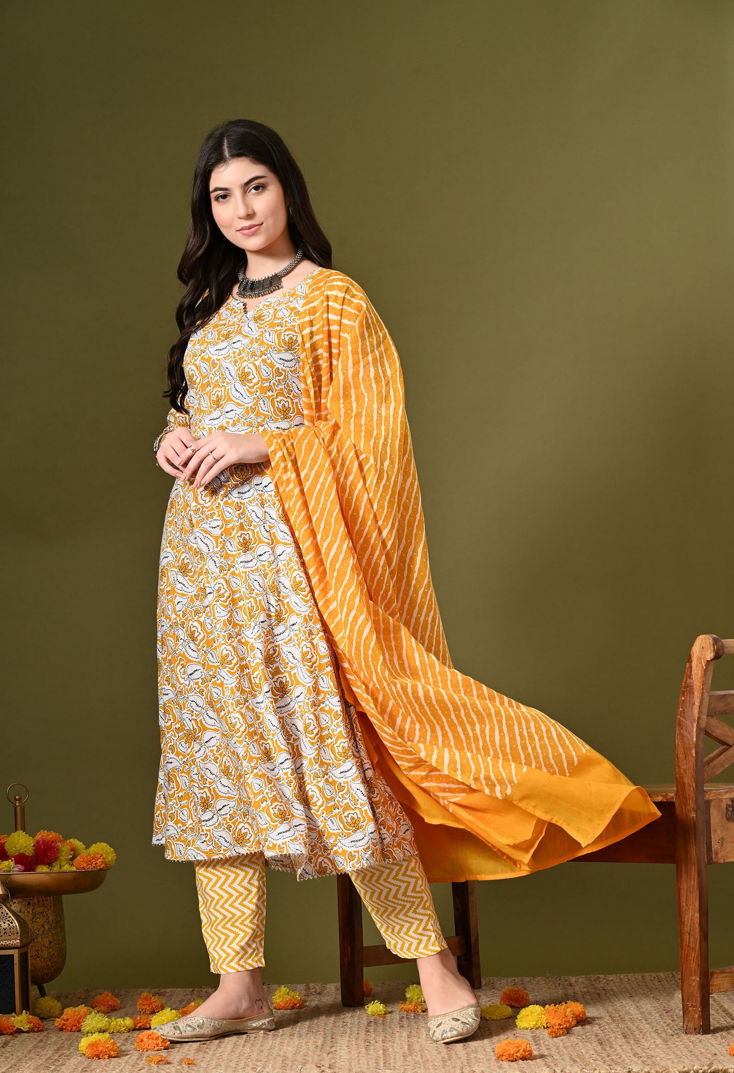 Yellow Floral Print Kurta Set with Dupatta