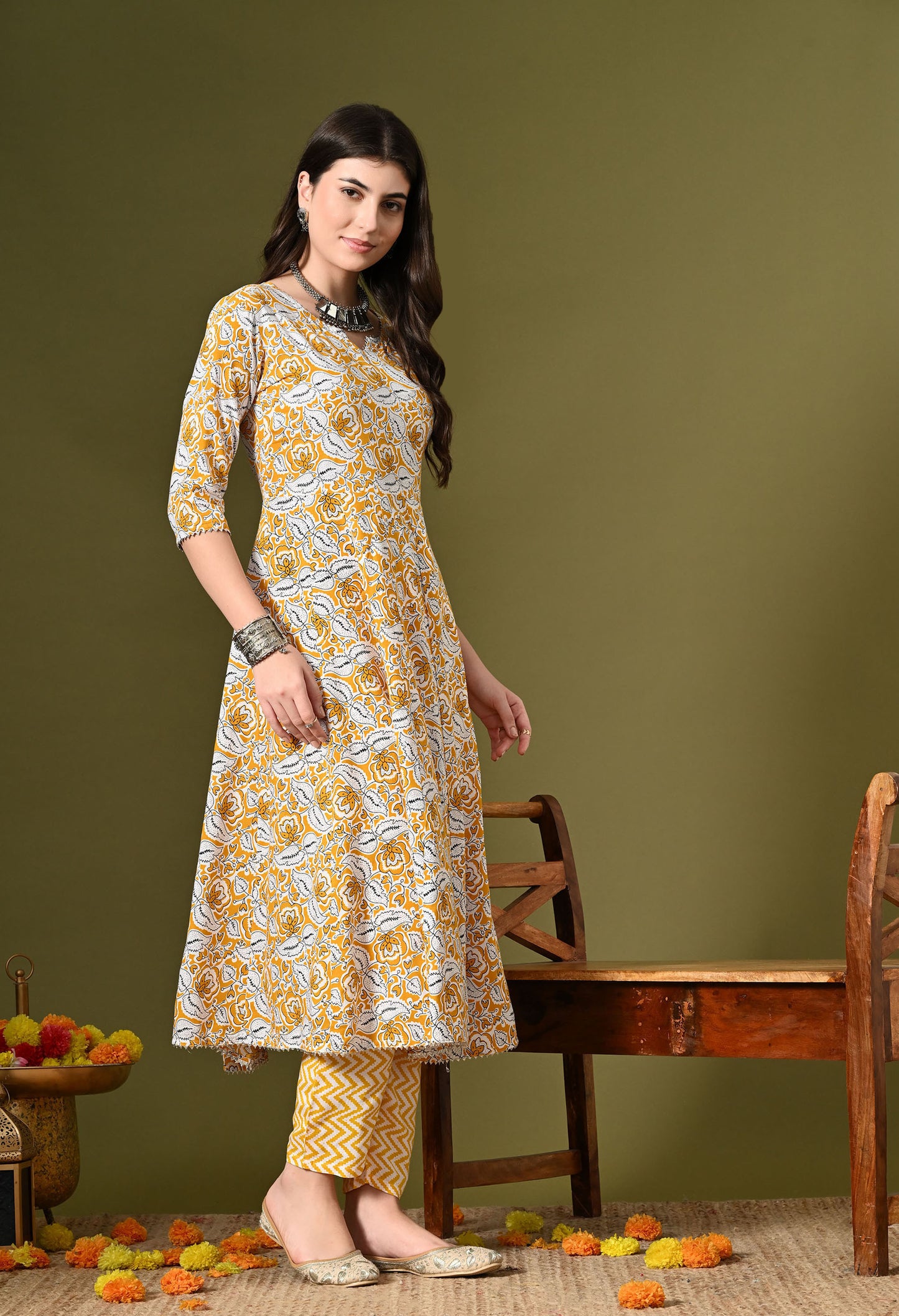 Yellow Floral Print Kurta Set with Dupatta