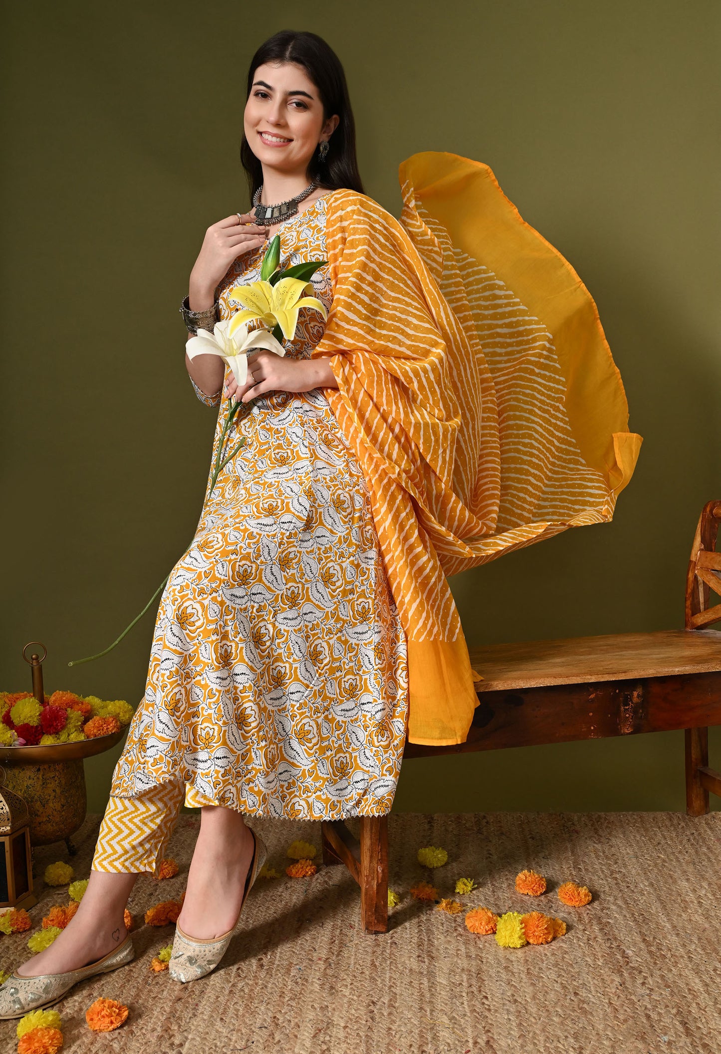 Yellow Floral Print Kurta Set with Dupatta