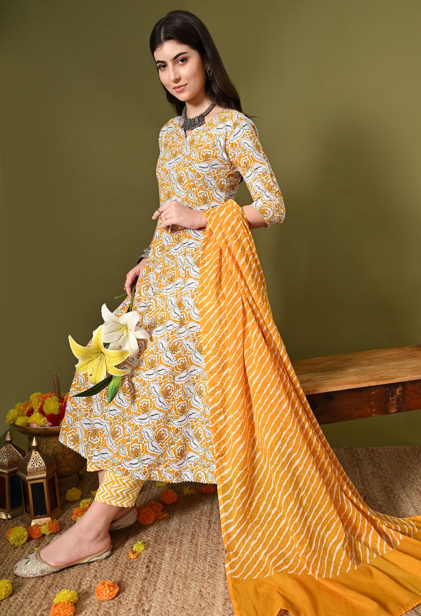 Yellow Floral Print Kurta Set with Dupatta