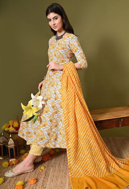 Yellow Floral Print Kurta Set with Dupatta