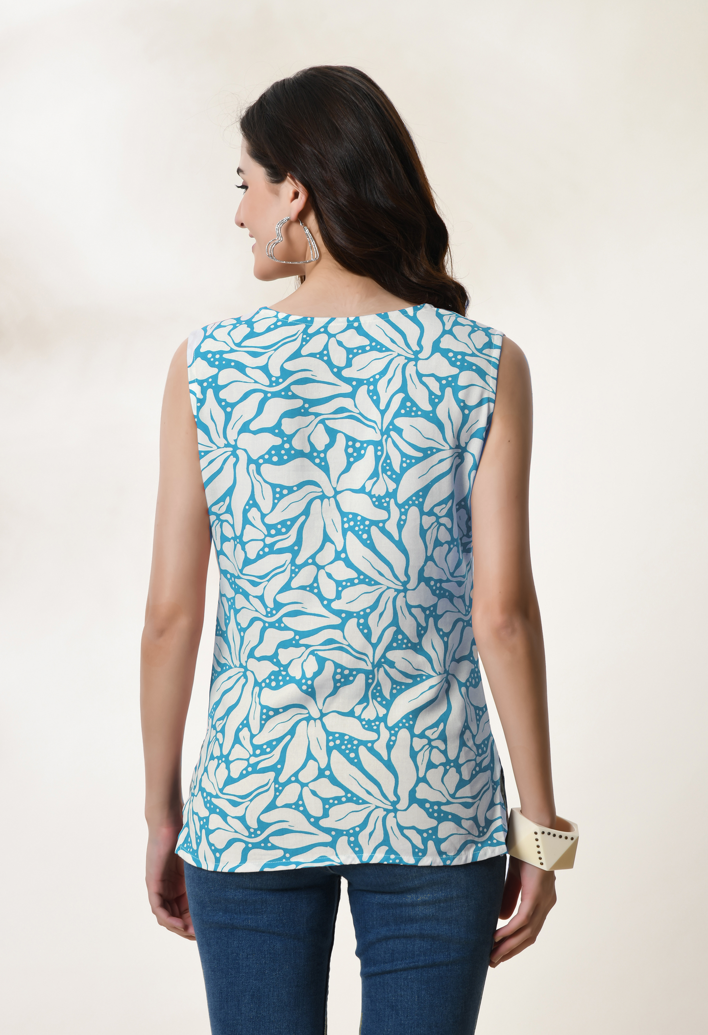 Azure Cascade Blue Floral Printed V-Neck Sleeveless Top