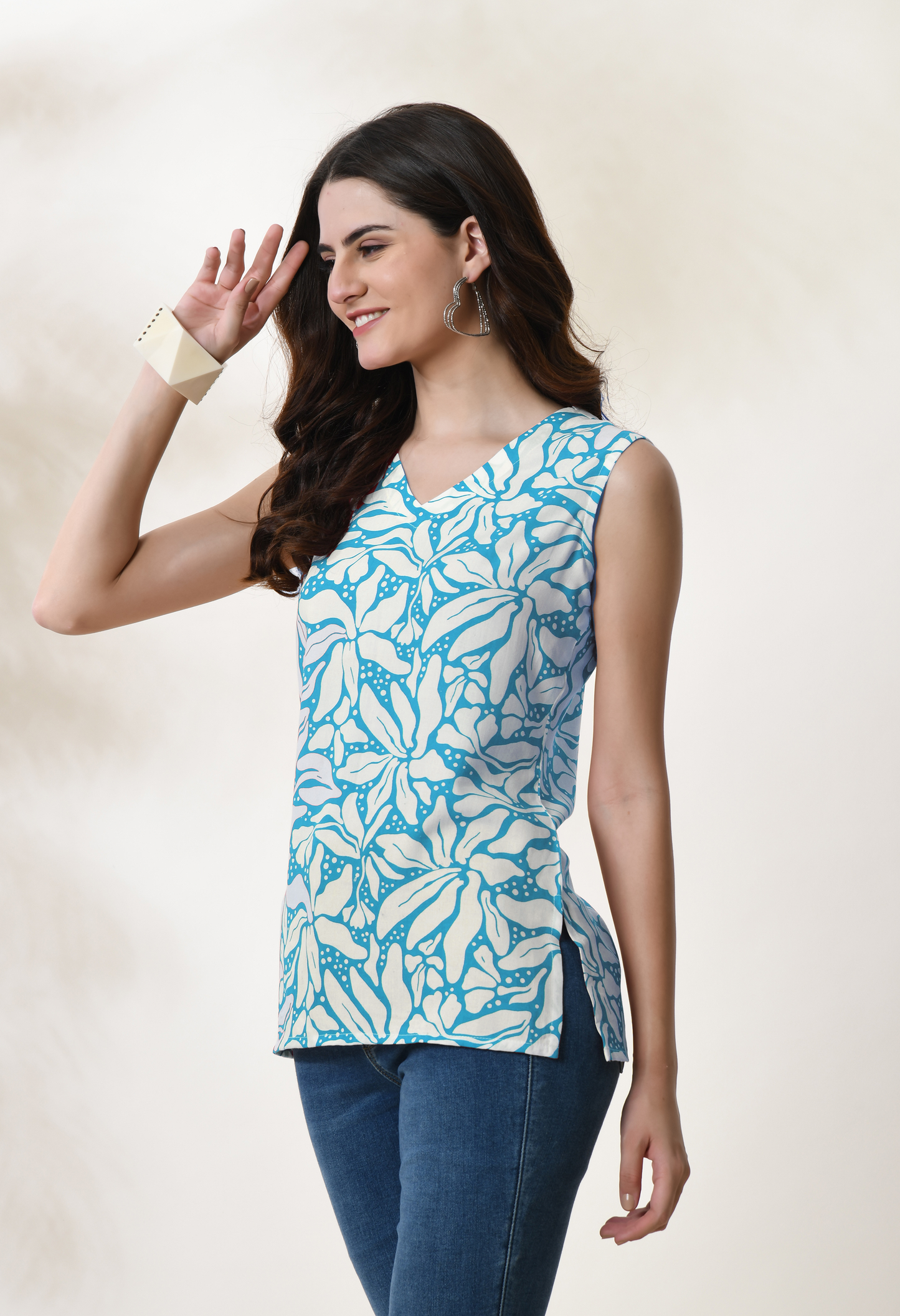 Azure Cascade Blue Floral Printed V-Neck Sleeveless Top