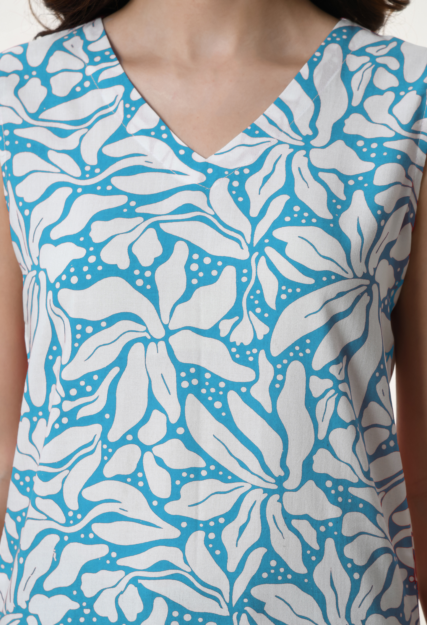 Azure Cascade Blue Floral Printed V-Neck Sleeveless Top