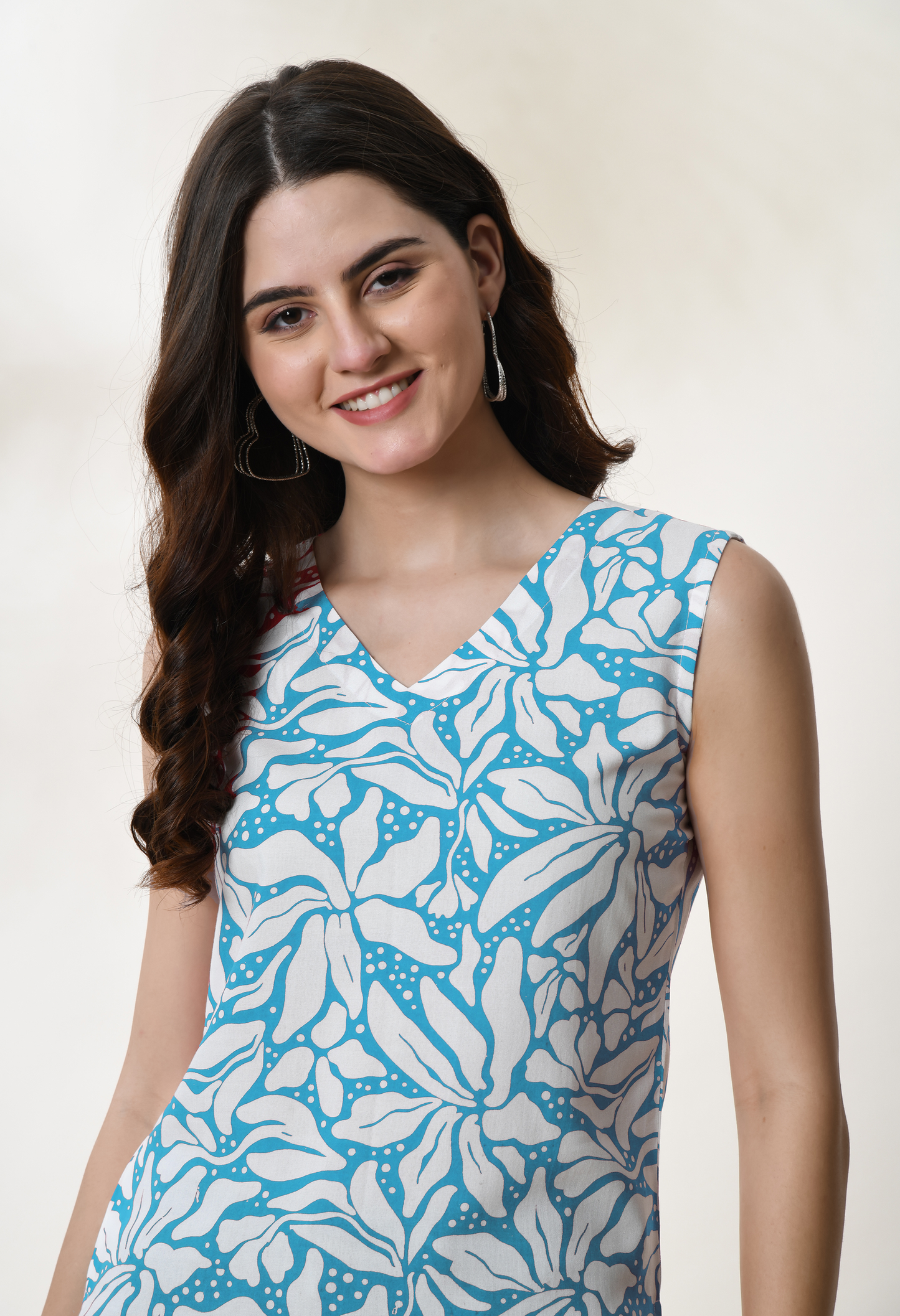 Azure Cascade Blue Floral Printed V-Neck Sleeveless Top