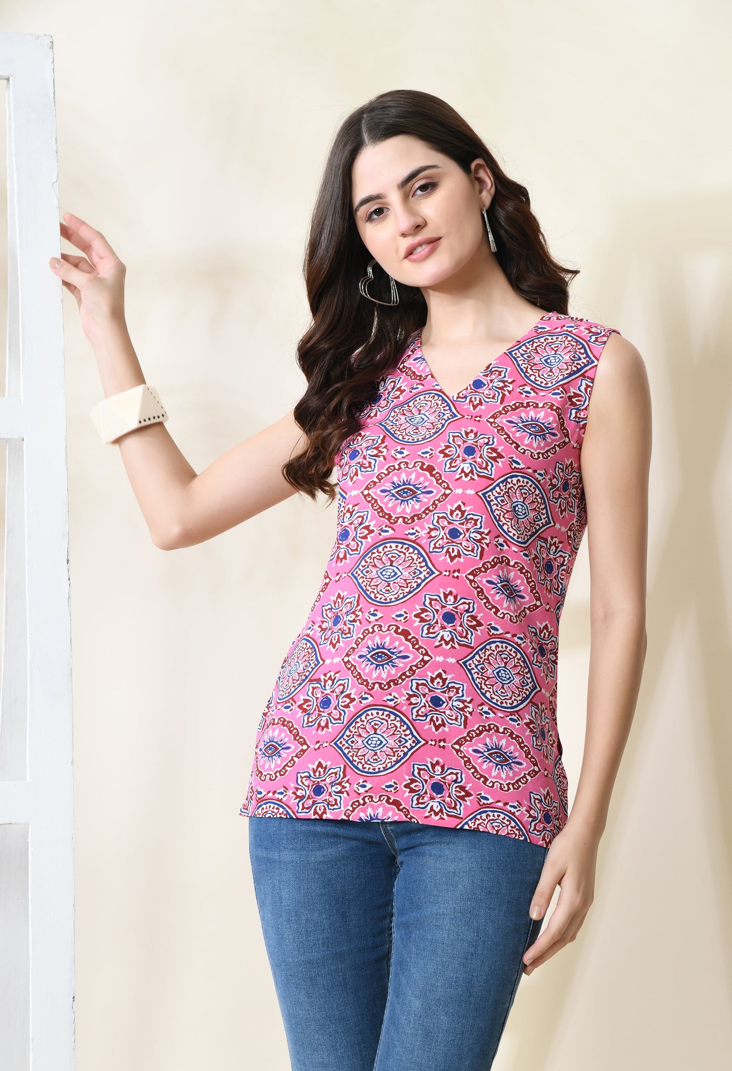 Rose Dunes Pink Printed V-Neck Sleeveless Top