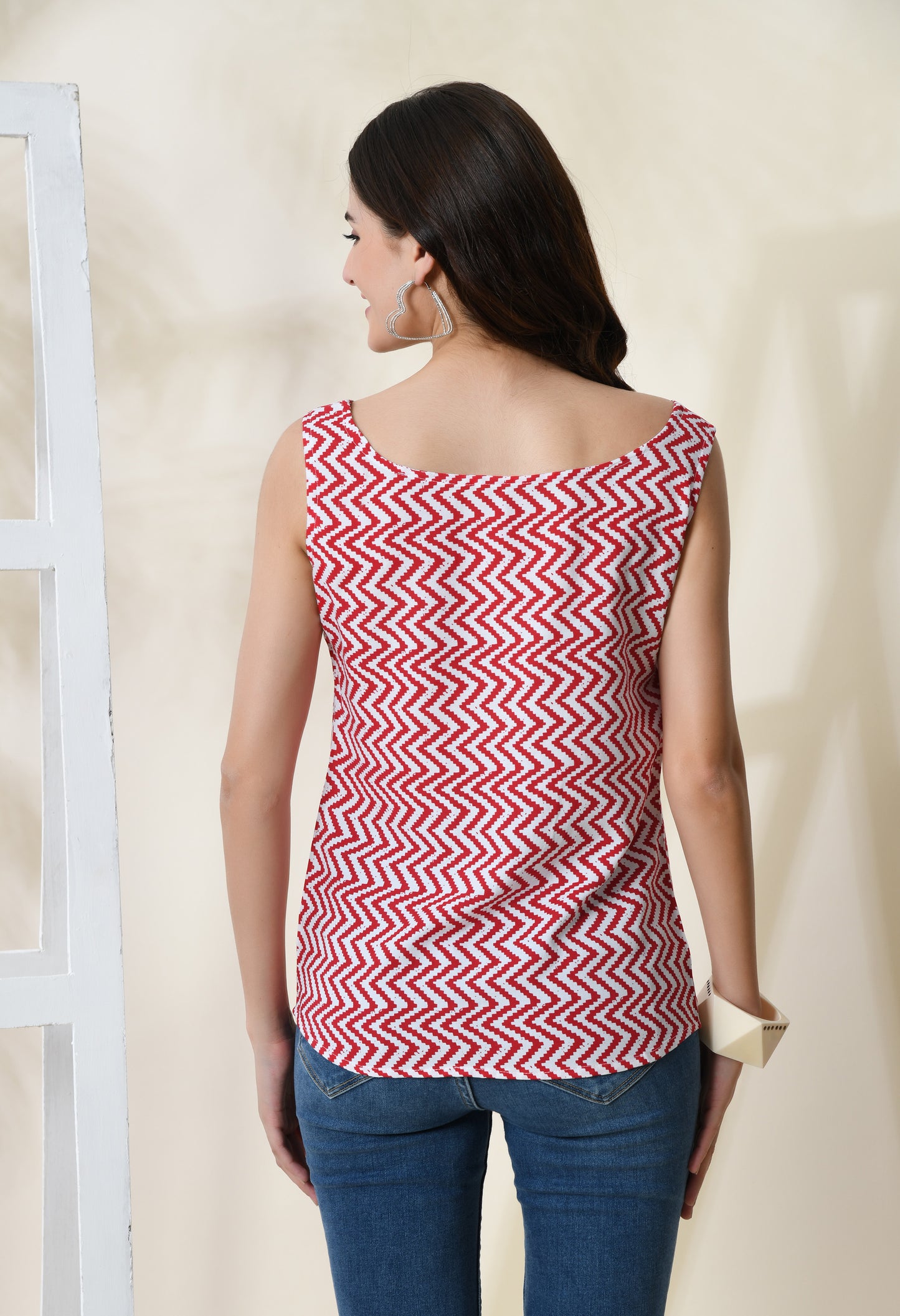 Crimson Stripes Red Square Neck Sleeveless Top