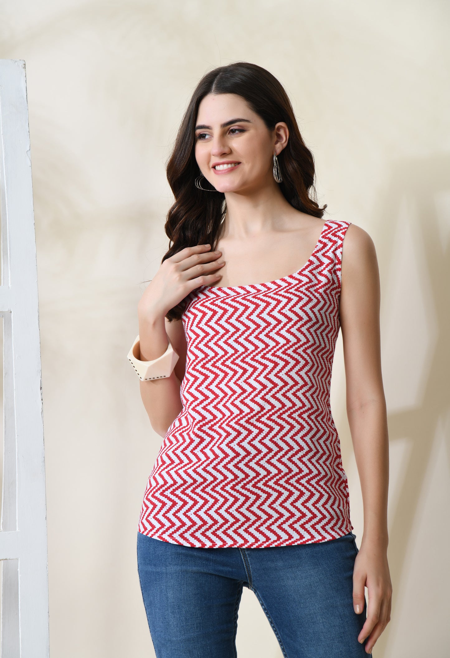 Crimson Stripes Red Square Neck Sleeveless Top
