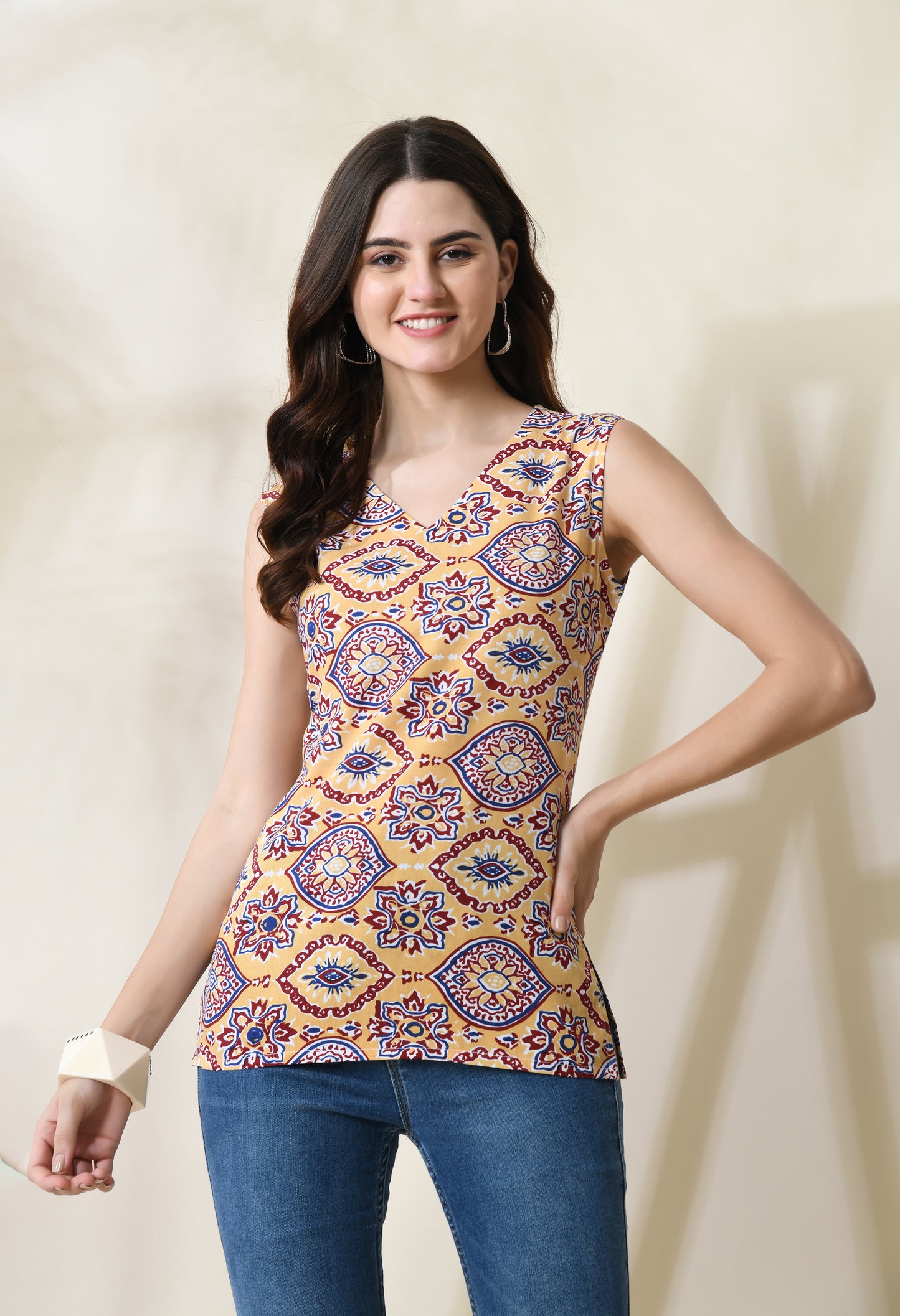 Sahara Dunes Beige Printed V-Neck Sleeveless Top