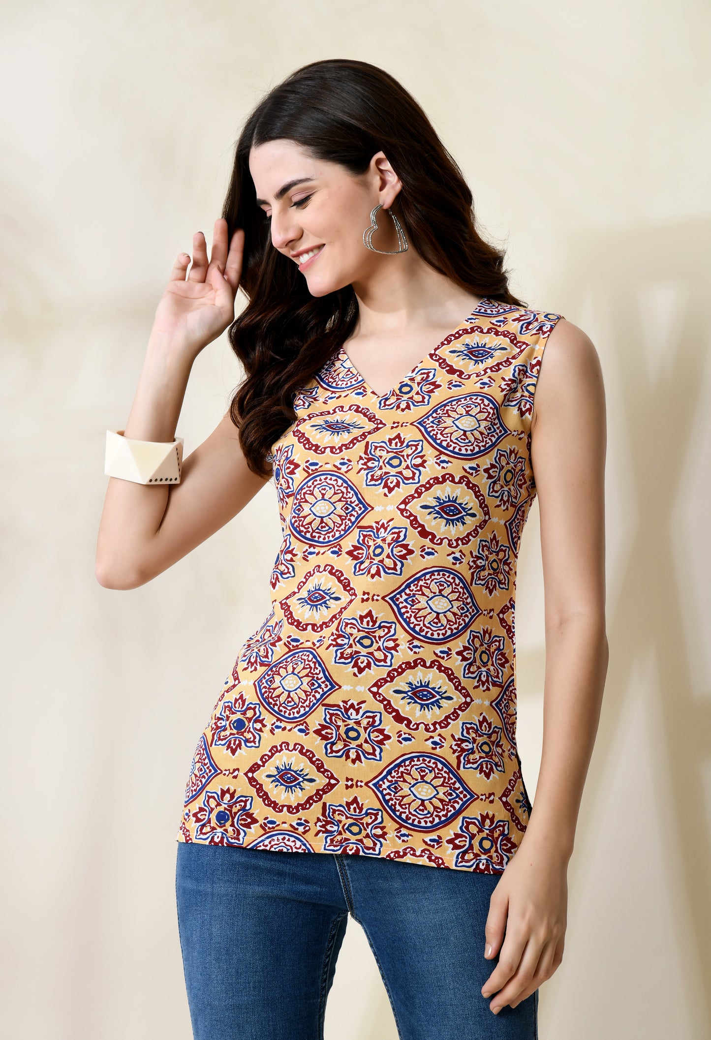 Sahara Dunes Beige Printed V-Neck Sleeveless Top