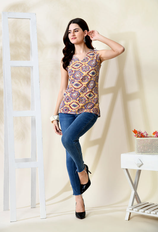 Sahara Dunes Beige Printed V-Neck Sleeveless Top