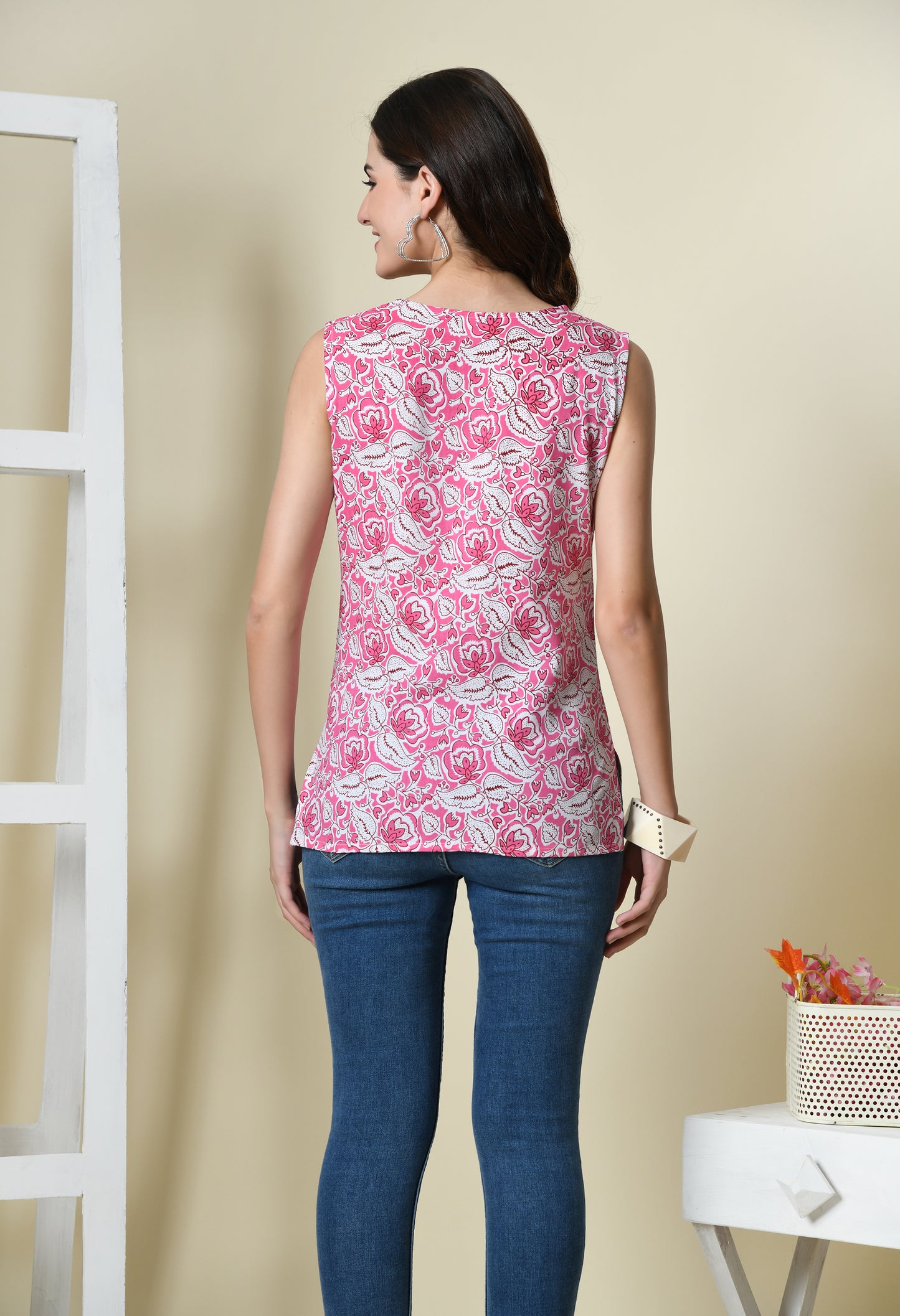 Rosy Blossom Pink Printed V-Neck Sleeveless Top