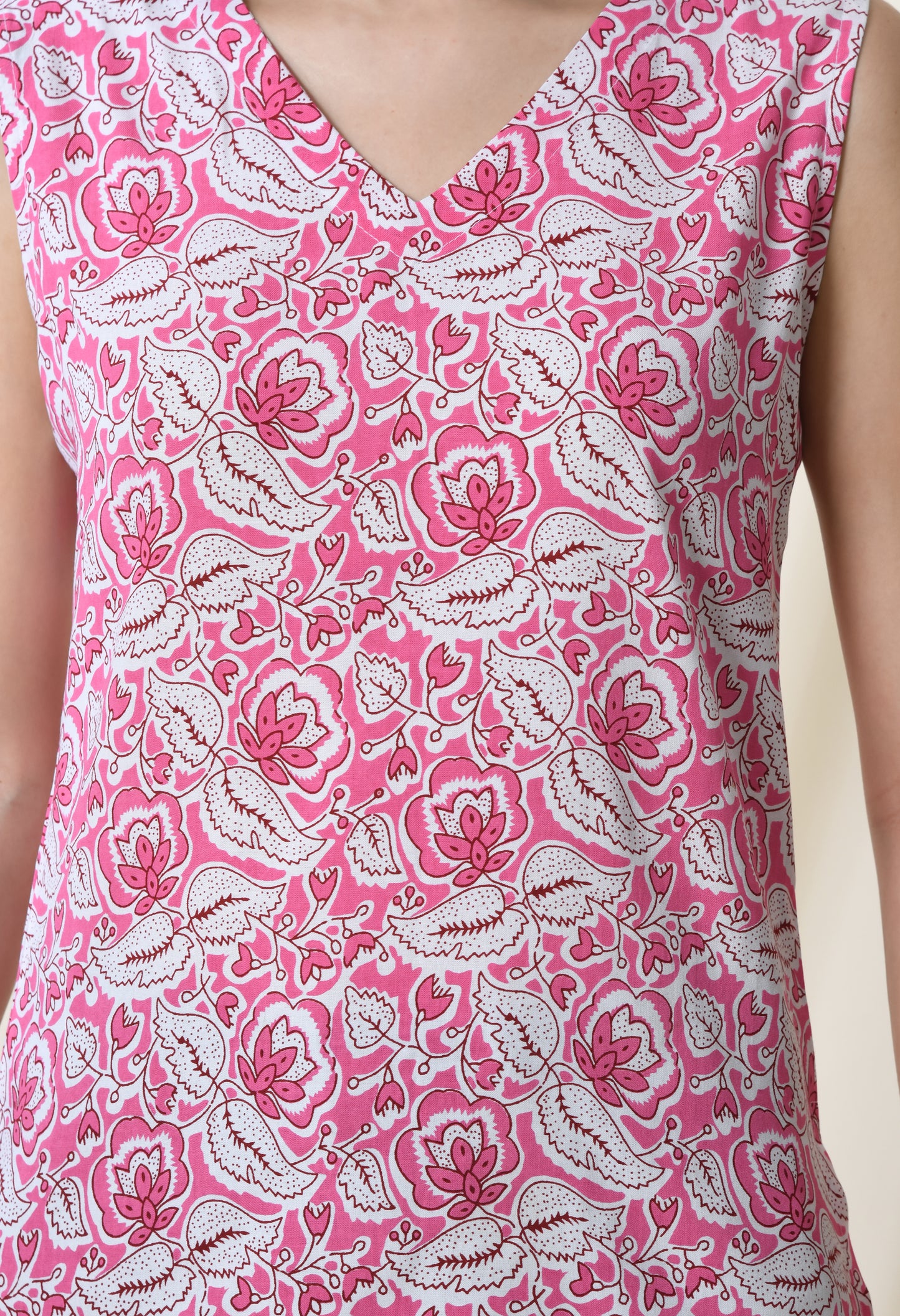 Rosy Blossom Pink Printed V-Neck Sleeveless Top