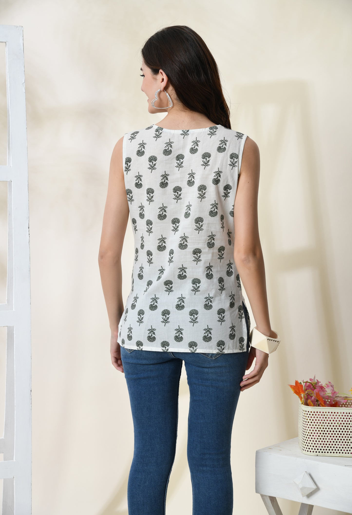 Woodland Whisper White Printed V-Neck Sleeveless Top