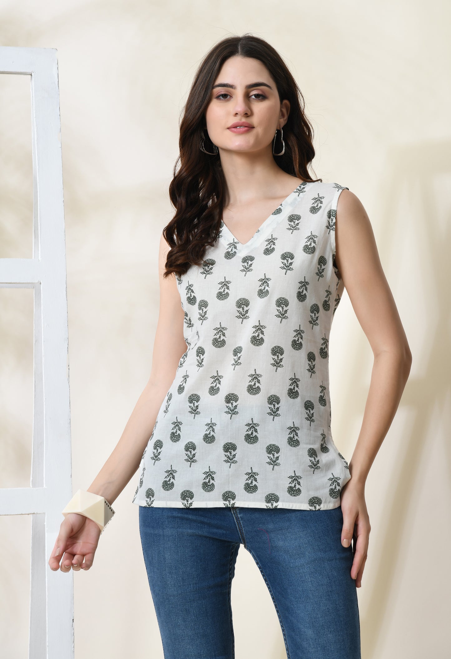 Woodland Whisper White Printed V-Neck Sleeveless Top