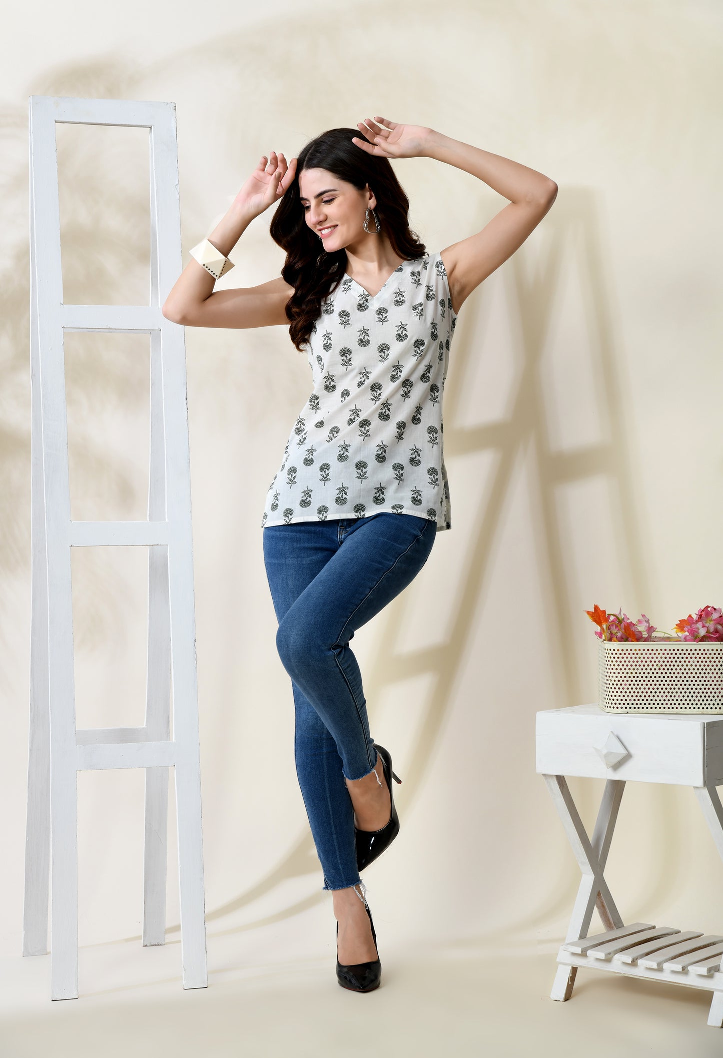 Woodland Whisper White Printed V-Neck Sleeveless Top