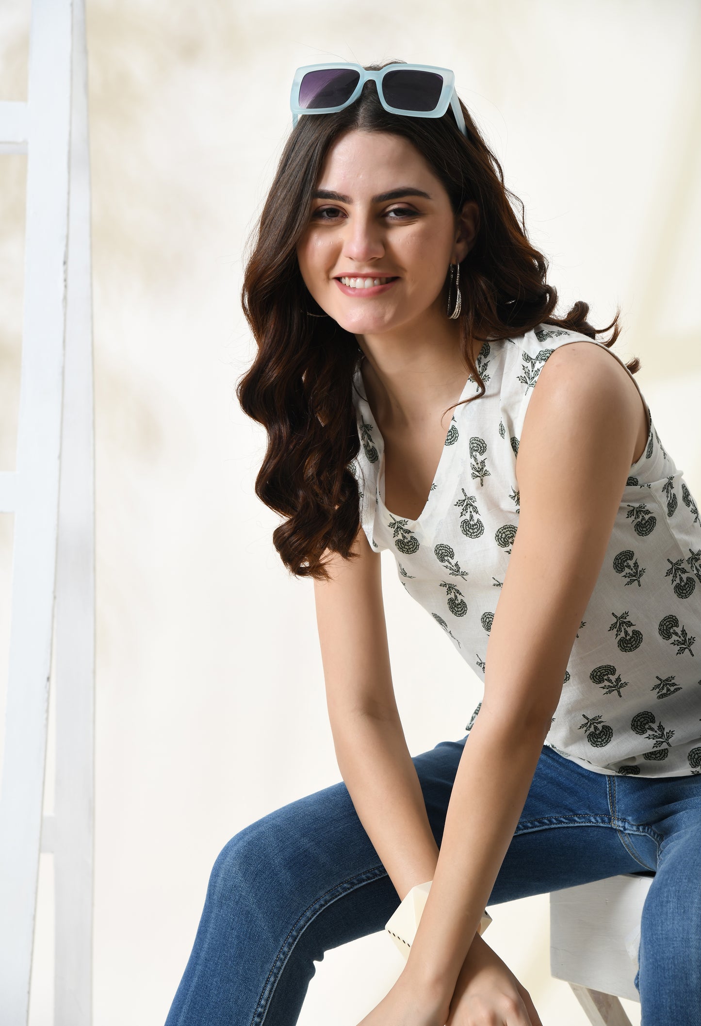 Woodland Whisper White Printed V-Neck Sleeveless Top