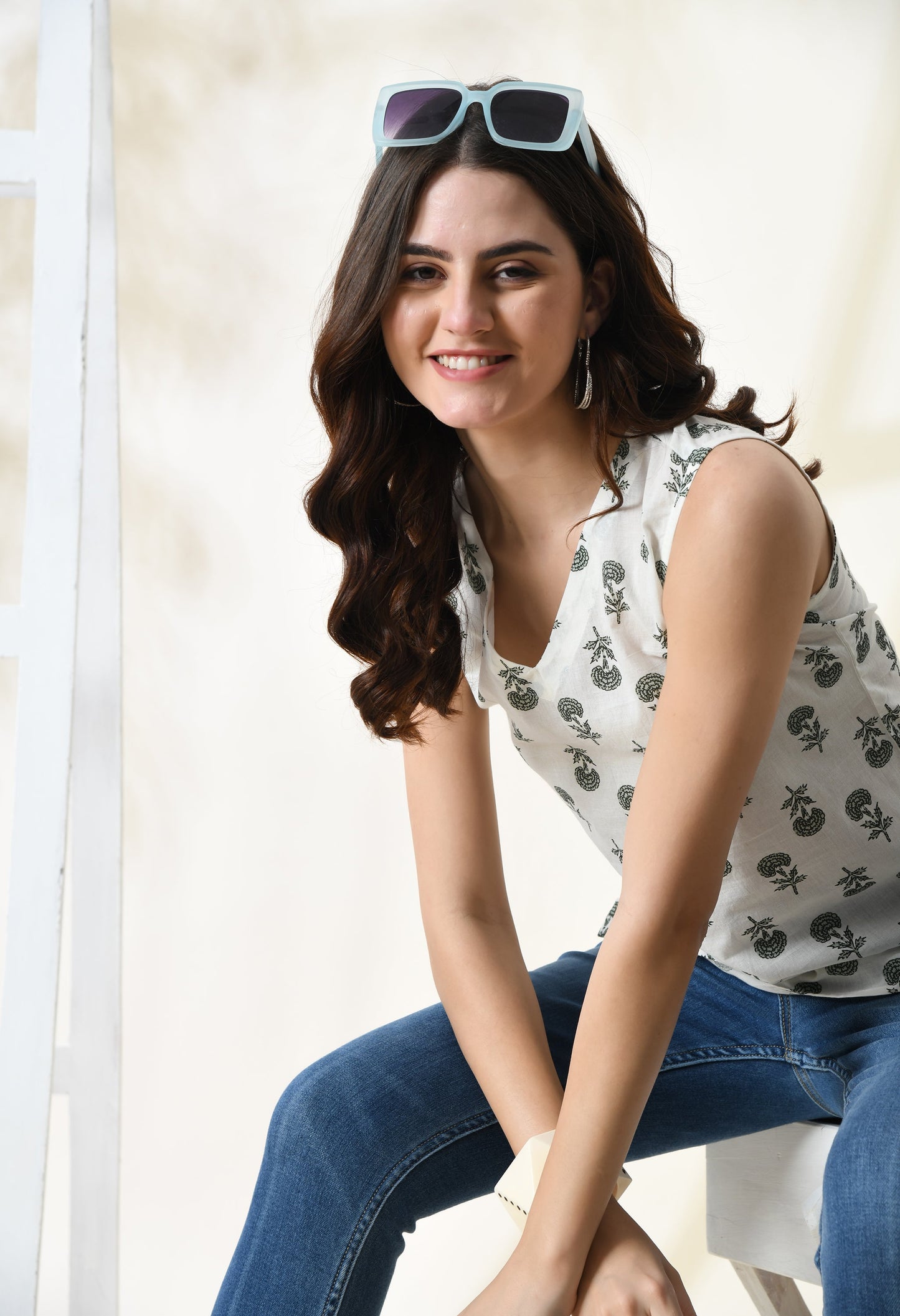 Woodland Whisper White Printed V-Neck Sleeveless Top